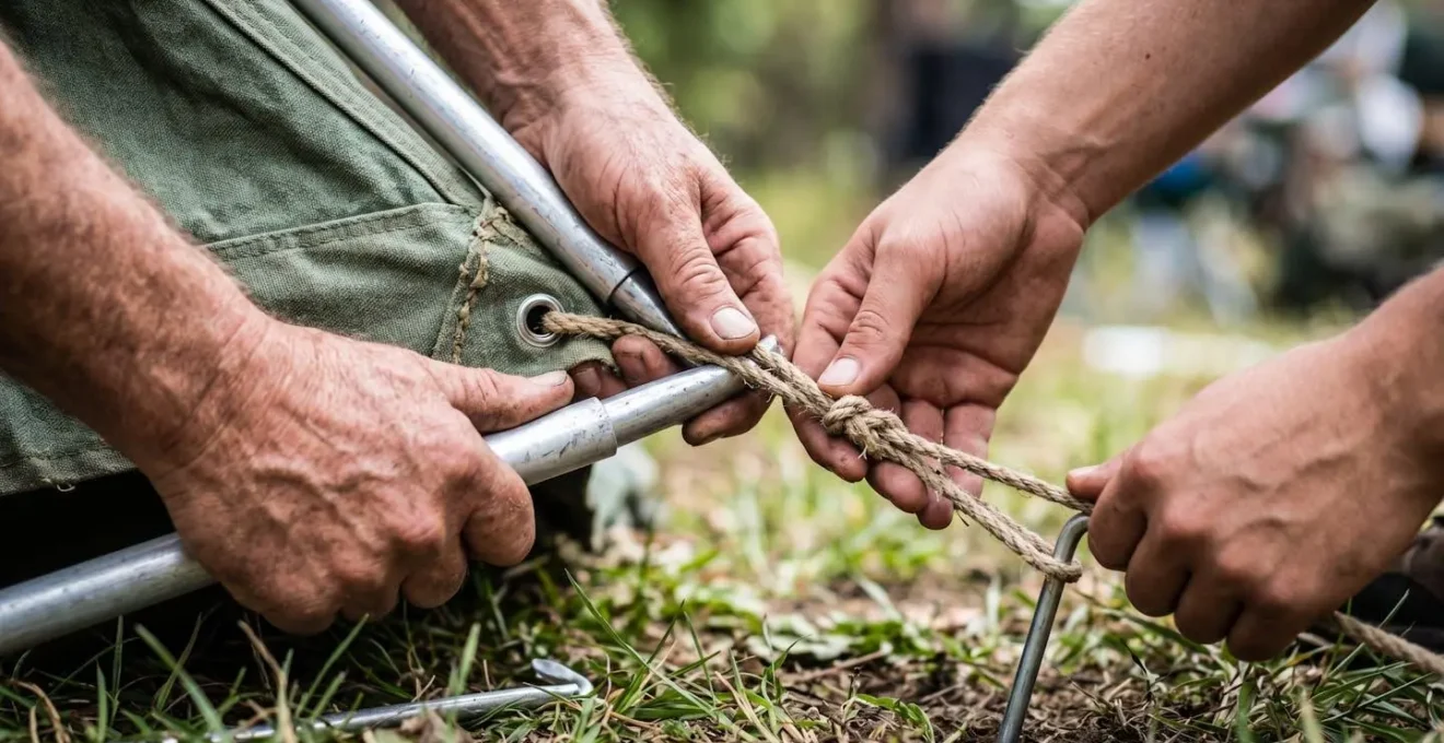 Due persone che collaborano per montare una tenda da campeggio, mostrando concentrazione e complicità nel gesto