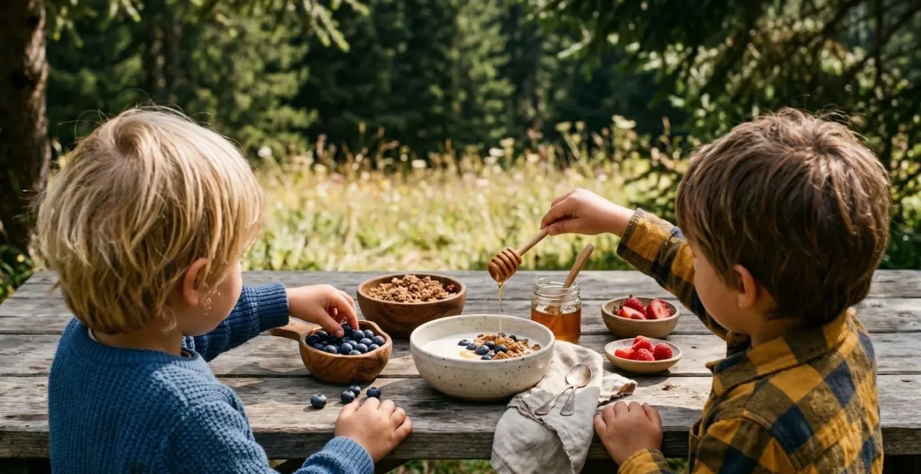 Bambini che preparano yogurt di malga con topping naturali al tavolo del campeggio