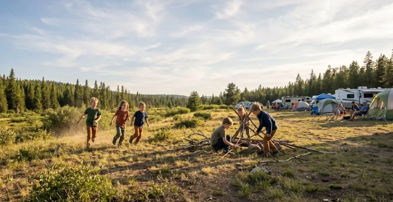 Bambini di diverse età che giocano liberamente in un'area campeggio naturale al tramonto