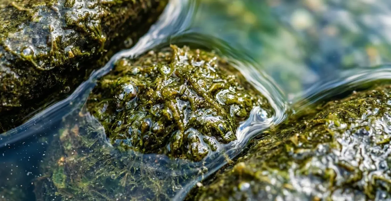 Dettaglio macro del biofilm naturale sui sassi del biolago
