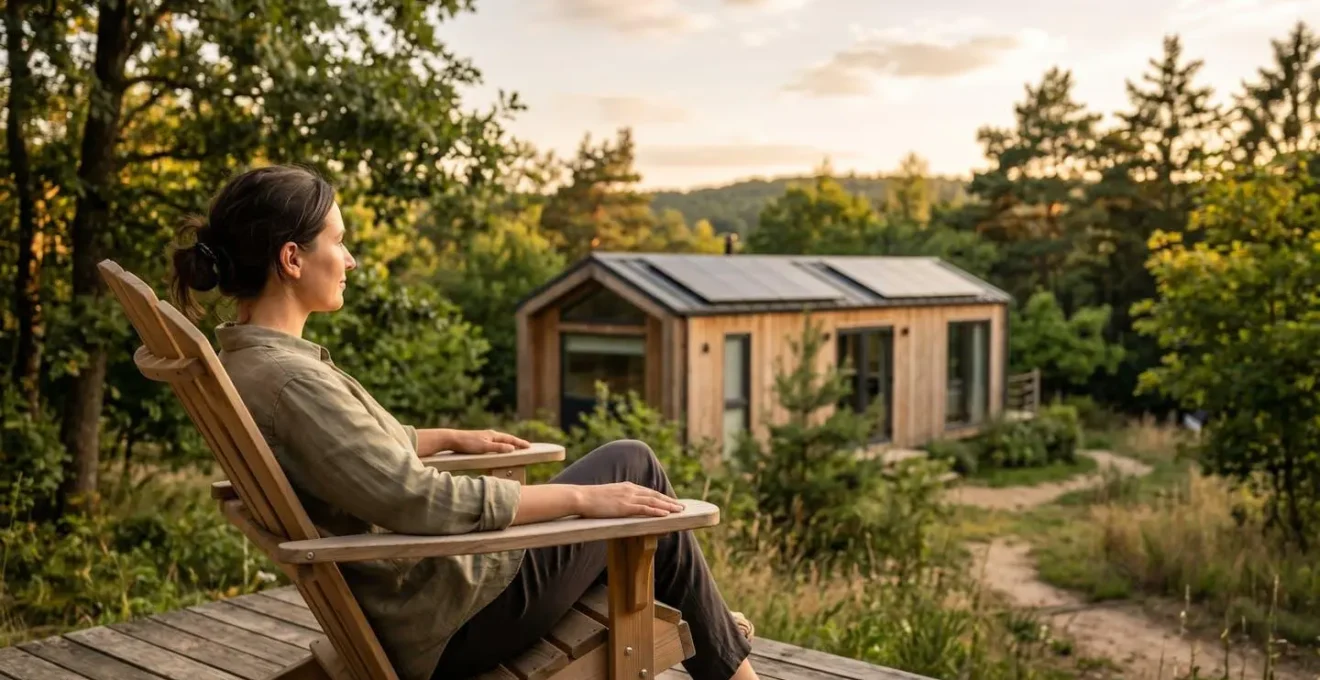 Casa mobile moderna integrata armoniosamente in ambiente naturale con pannelli solari