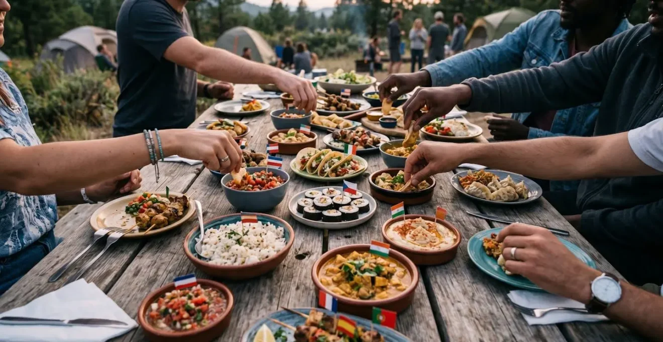 Tavola multiculturale con piatti di diverse nazionalità e cartellini bilingue durante una cena condivisa in campeggio