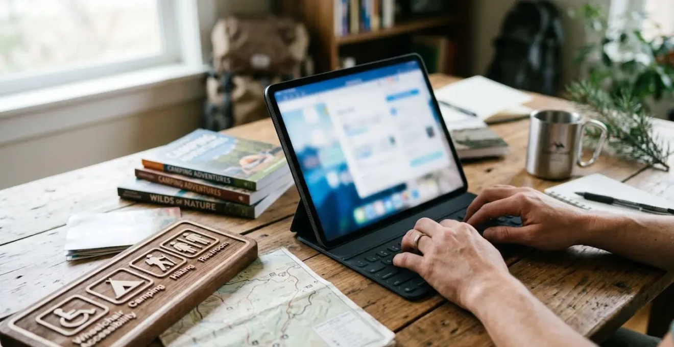 Mani che digitano su tablet con email aperta e foto di strutture accessibili