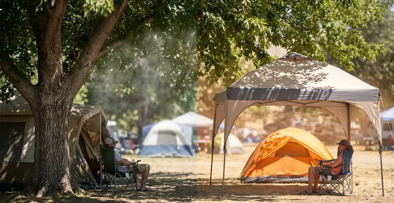 Confronto visivo tra l'ombra naturale di un albero e quella di un gazebo in un campeggio