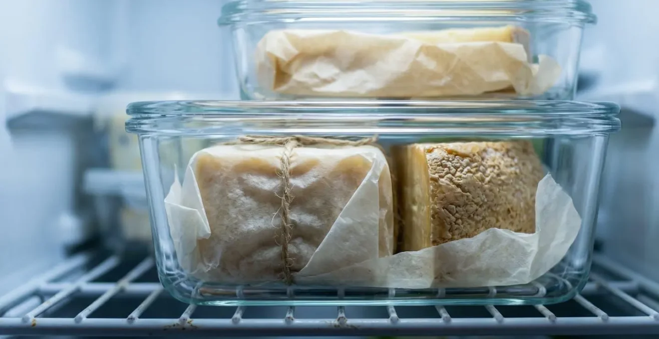Sistema organizzato di conservazione formaggi in piccolo frigorifero con contenitori ermetici e carta oleata