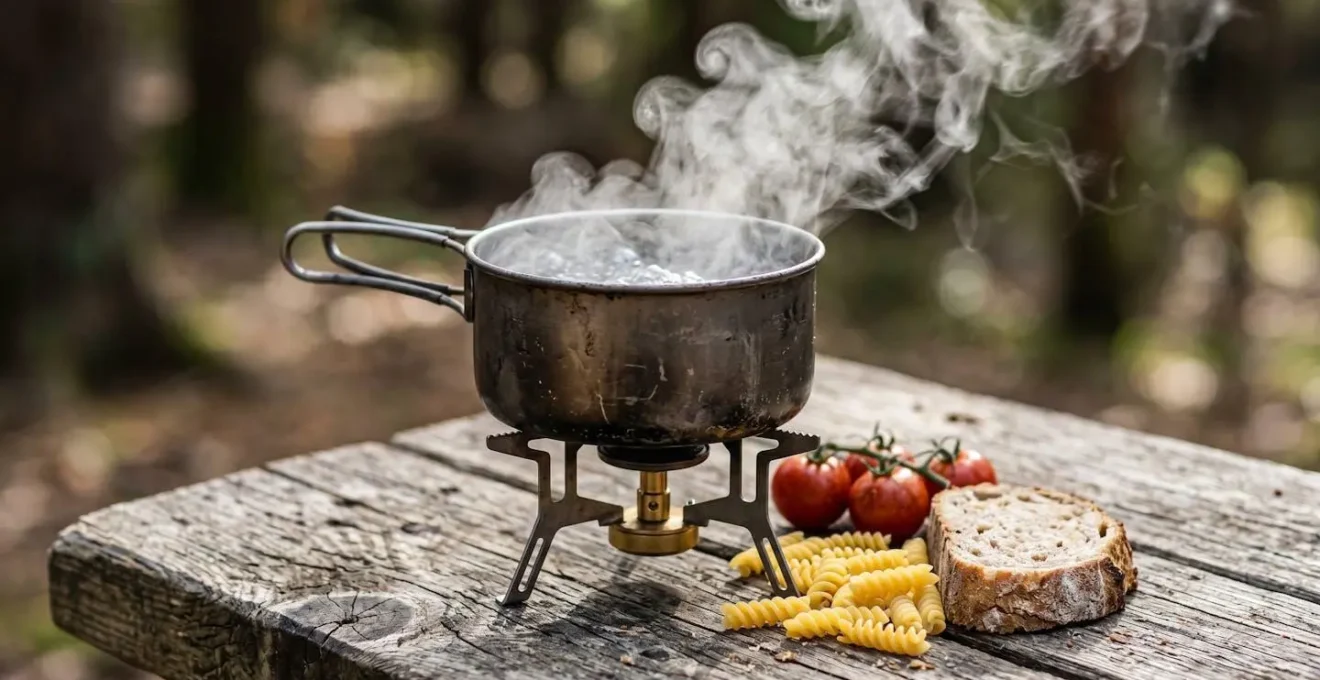 Fornello da campeggio con pentola fumante su tavolo di legno all'aperto, ingredienti semplici disposti intorno