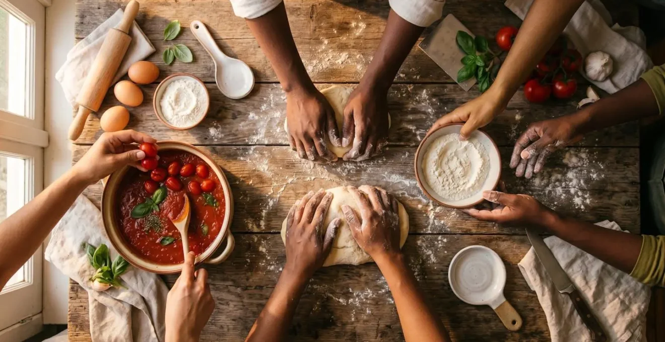 Famiglie di diverse nazionalità che cucinano insieme in area comune del camping