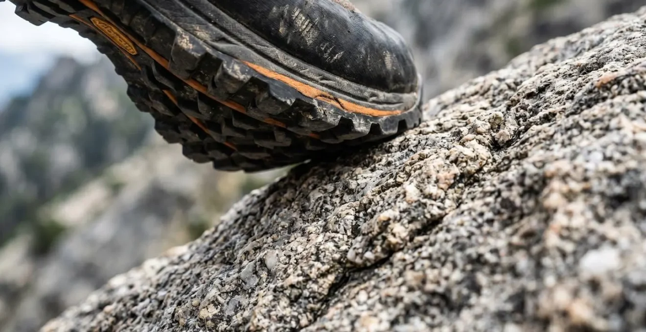 Dettaglio ravvicinato della suola di uno scarpone da trekking che aderisce perfettamente su roccia