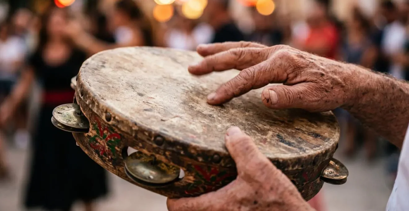 Primo piano delle mani che suonano un tamburello durante la pizzica