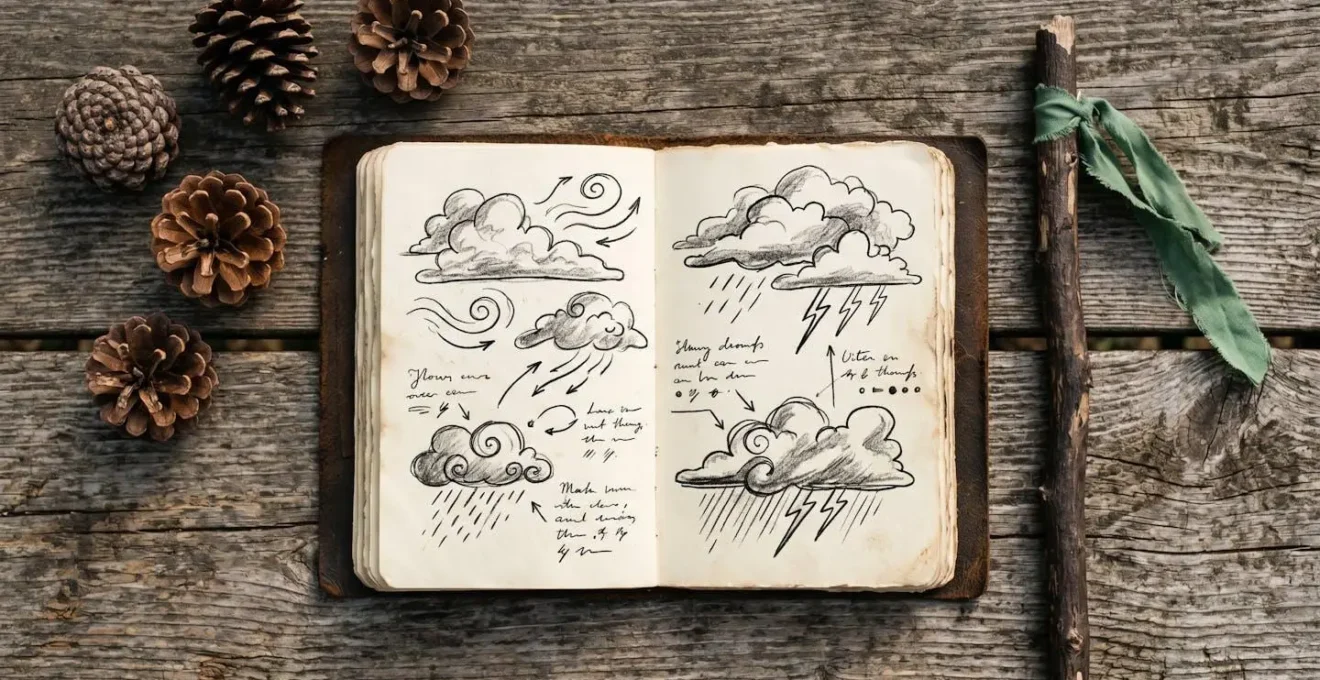 Quaderno aperto su tavolo di legno con disegni di nuvole e annotazioni meteo, circondato da pigne e un nastro che si muove al vento