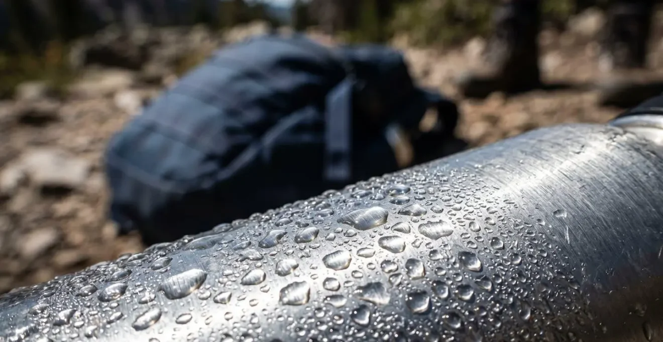Escursionista si idrata durante pausa su sentiero di montagna sotto il sole estivo