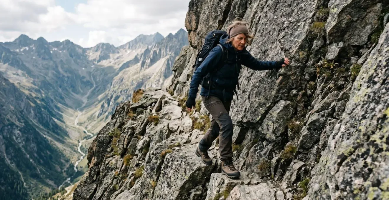 Escursionista esperto che affronta un passaggio roccioso su sentiero EE utilizzando le mani per l'equilibrio