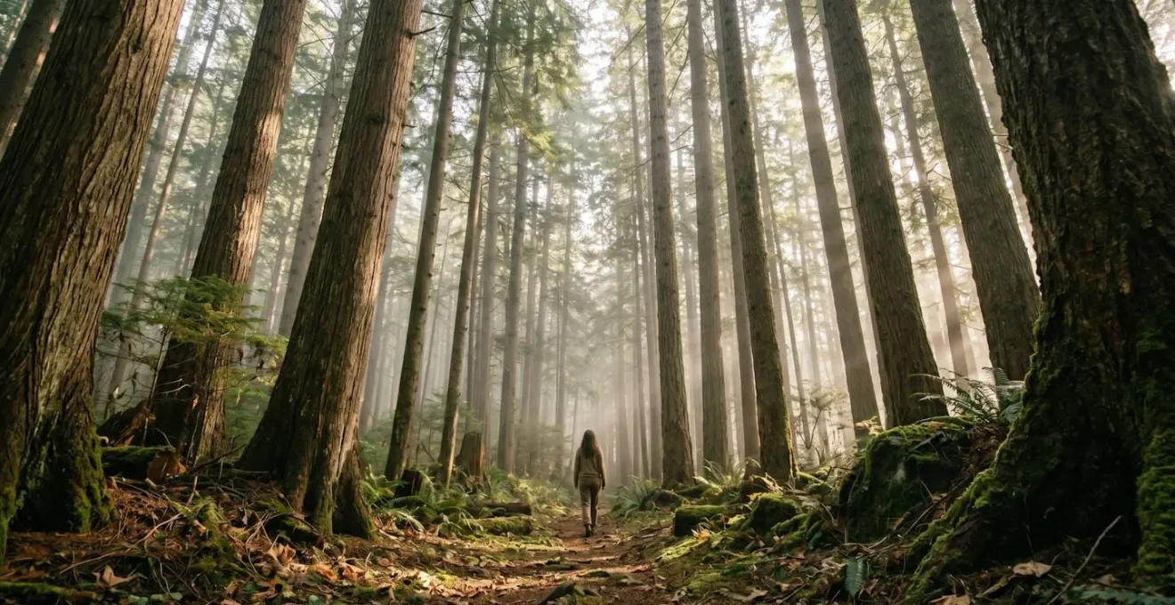 Persona in meditazione camminata nel bosco con raggi di sole tra gli alberi