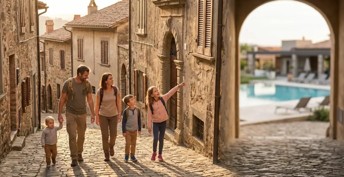 Famiglia con bambini che visita un borgo medievale italiano durante escursione dal villaggio vacanze