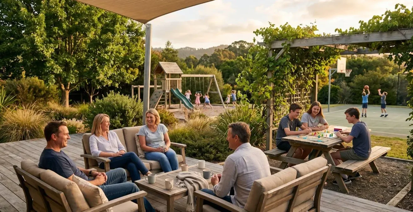 Famiglia con bambini di diverse età in area comune di un glamping village