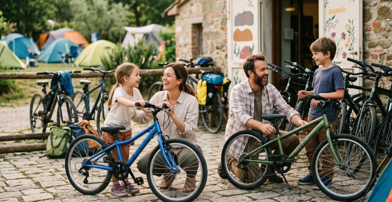 Famiglia che ritira biciclette presso punto noleggio vicino al campeggio