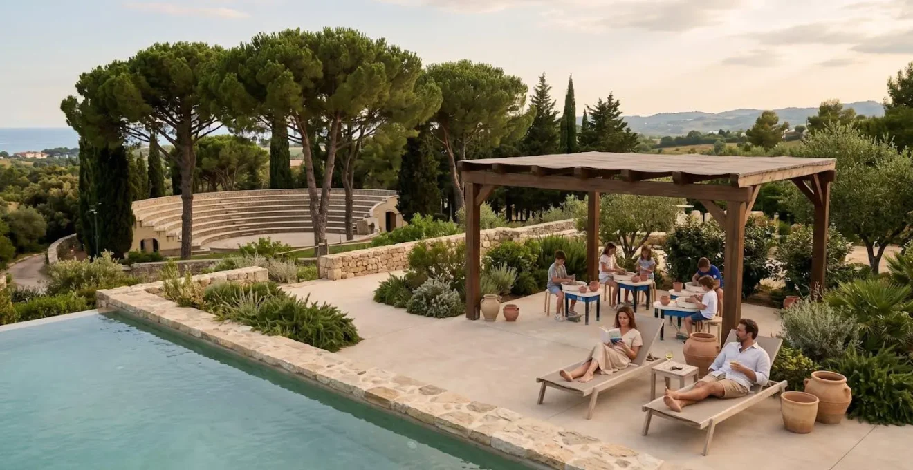 Famiglia che si rilassa a bordo piscina mentre i bambini partecipano a laboratorio creativo in zona separata