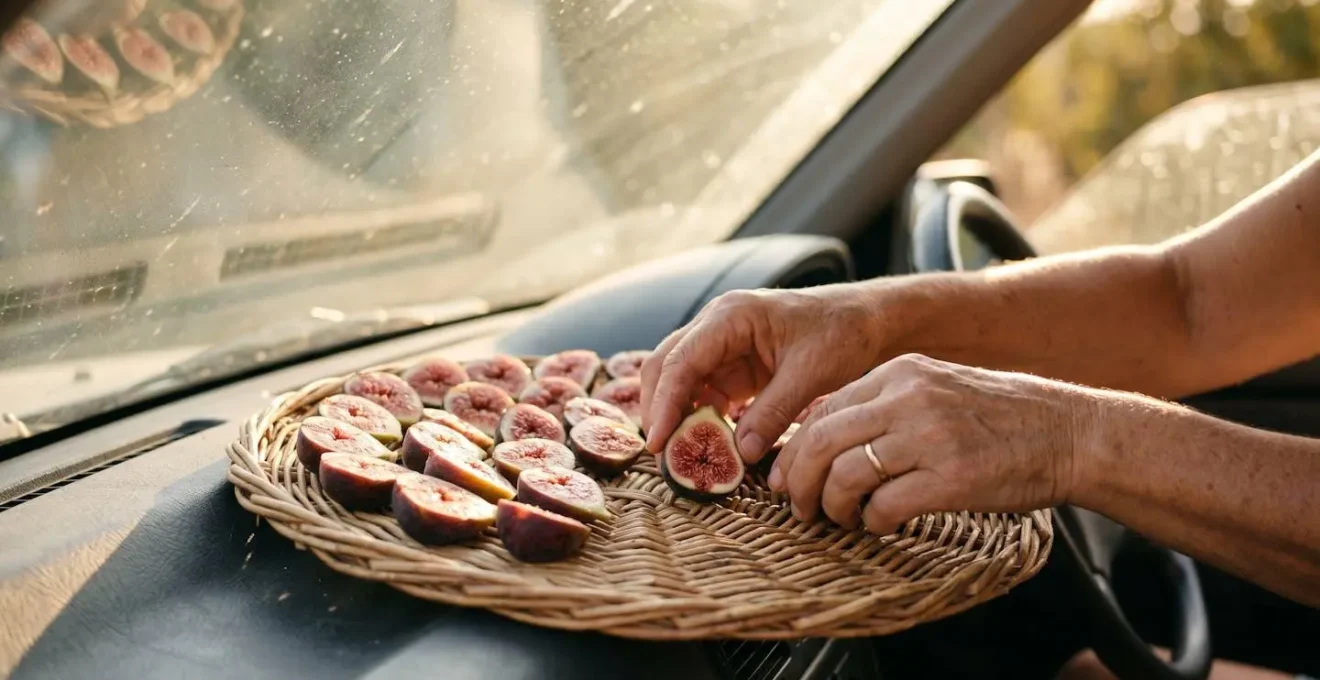 Fichi tagliati a metà disposti su griglia per essiccazione naturale al sole sul cruscotto dell'auto