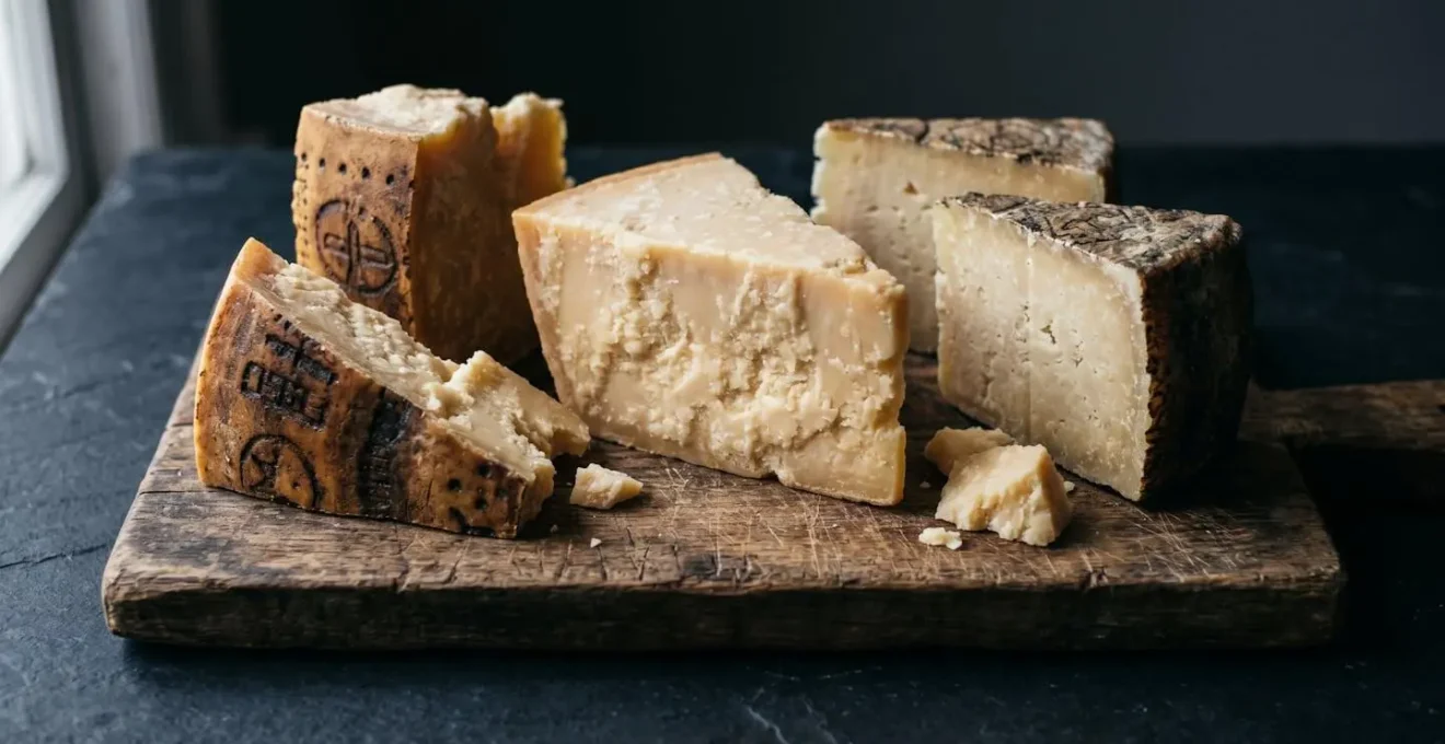 Sezione di Parmigiano Reggiano DOP stagionato con crosta naturale e marchio a fuoco visibile