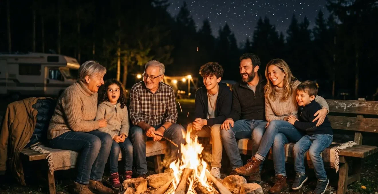 Famiglia seduta attorno a un fuoco da campo sotto il cielo stellato mentre ascolta storie