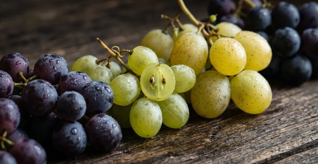 Macro dettaglio di grappoli d'uva da tavola e da vino con gocce di rugiada mattutina