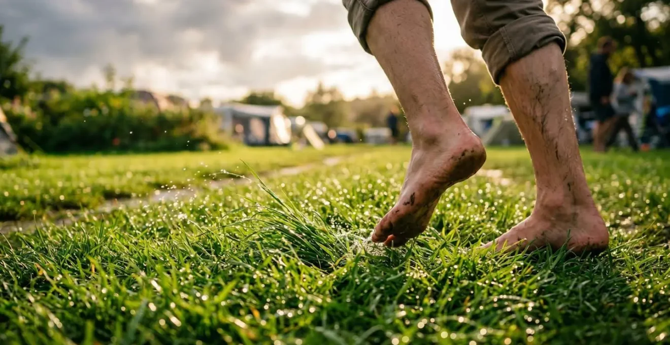 Persona che cammina a piedi nudi su erba bagnata dopo il temporale con effetto grounding