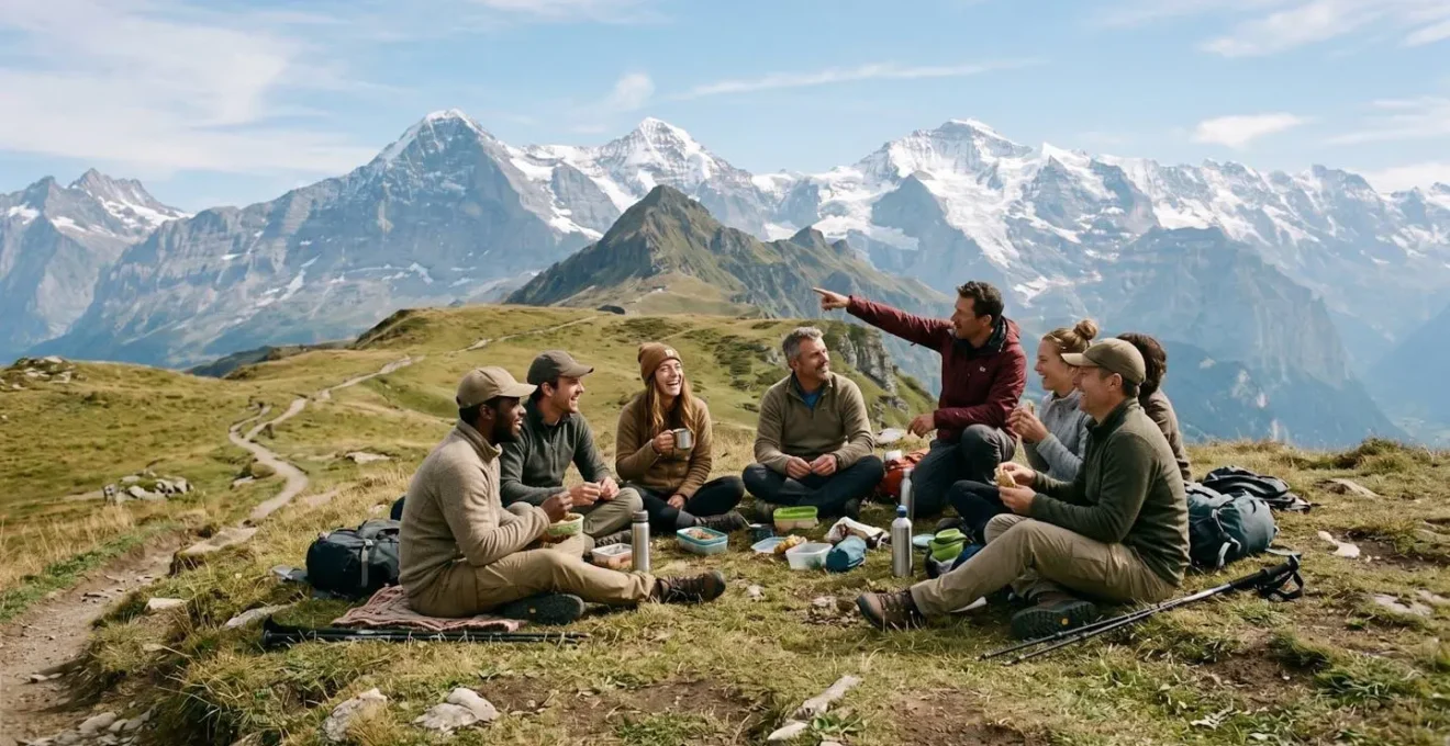 Gruppo misto di escursionisti single che condividono momento conviviale durante pausa trekking