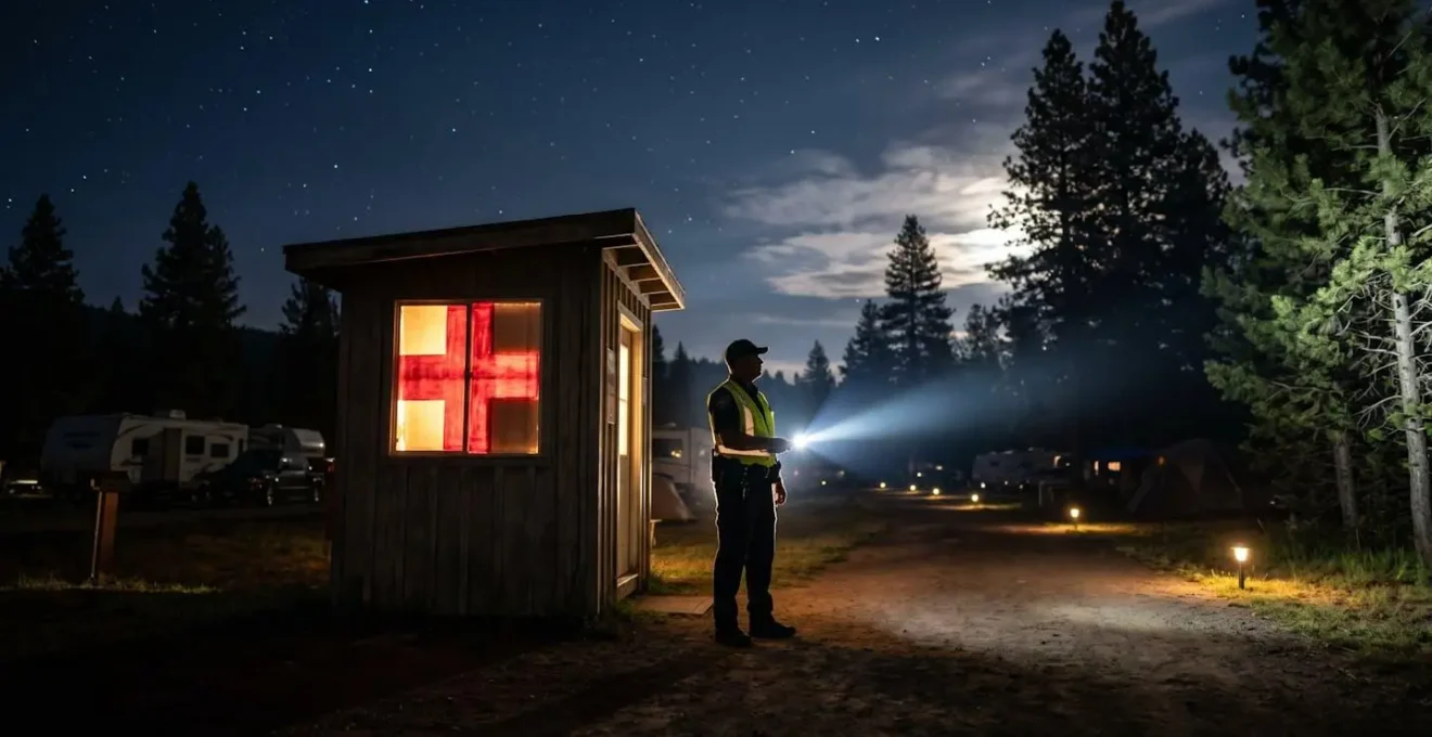 Guardia notturna con kit di primo soccorso illuminata da torcia nel campeggio