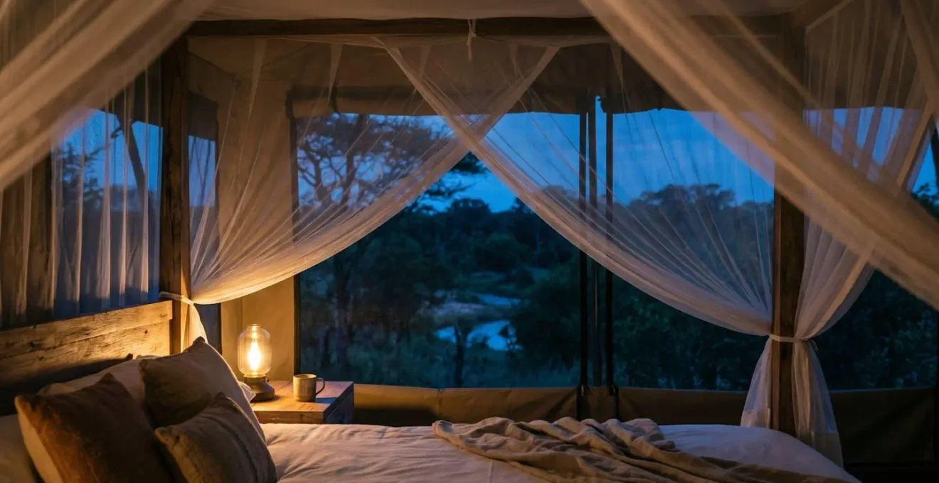 Vista notturna dall'interno di una tenda glamping con luci soffuse e protezioni