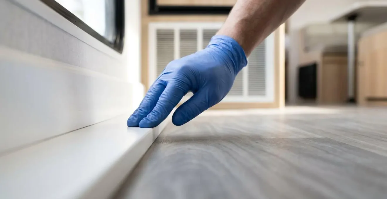 Controllo ravvicinato di superfici pulite con luce radente che rivela l'assenza di polvere