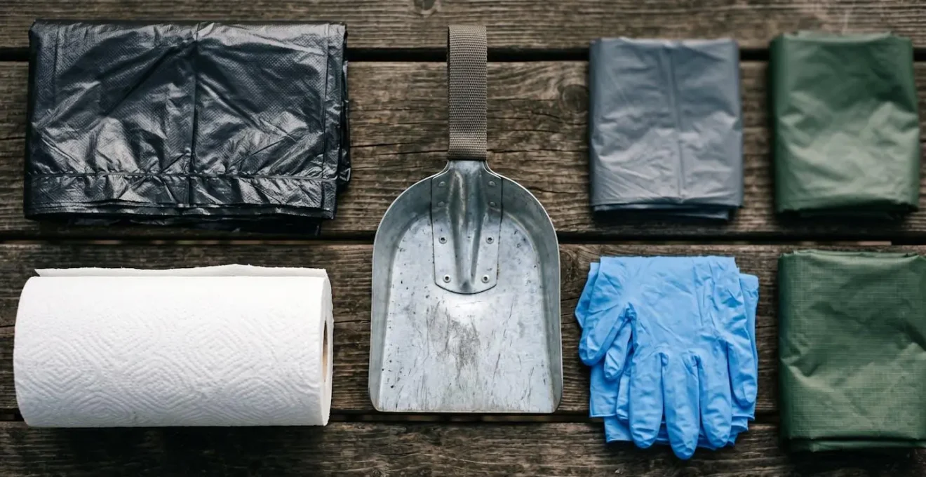 Kit organizzato per lo smaltimento corretto dei rifiuti dopo una grigliata in campeggio