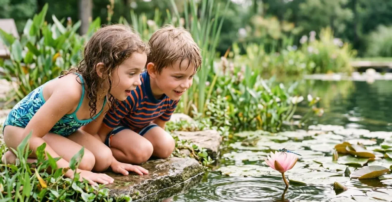 Bambini che osservano con meraviglia libellule e rane nel biolago