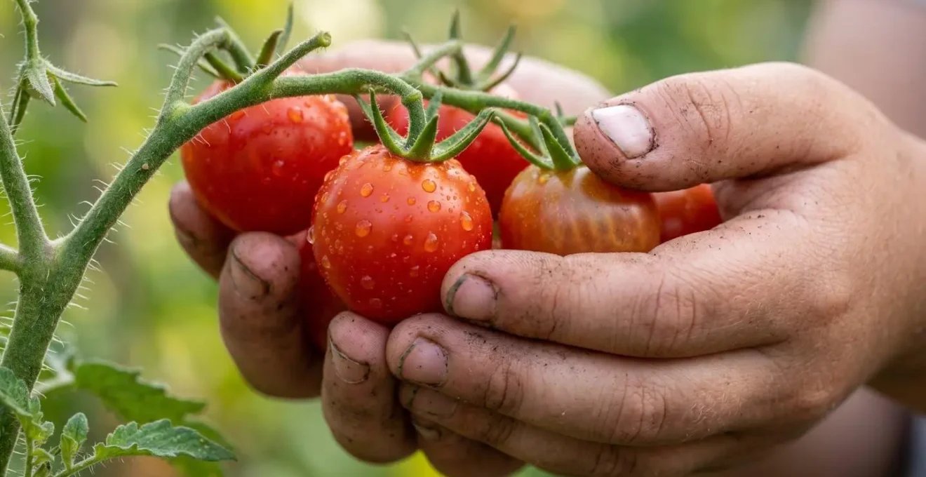 Primo piano di mani di bambino che raccolgono delicatamente pomodorini maturi dall'orto
