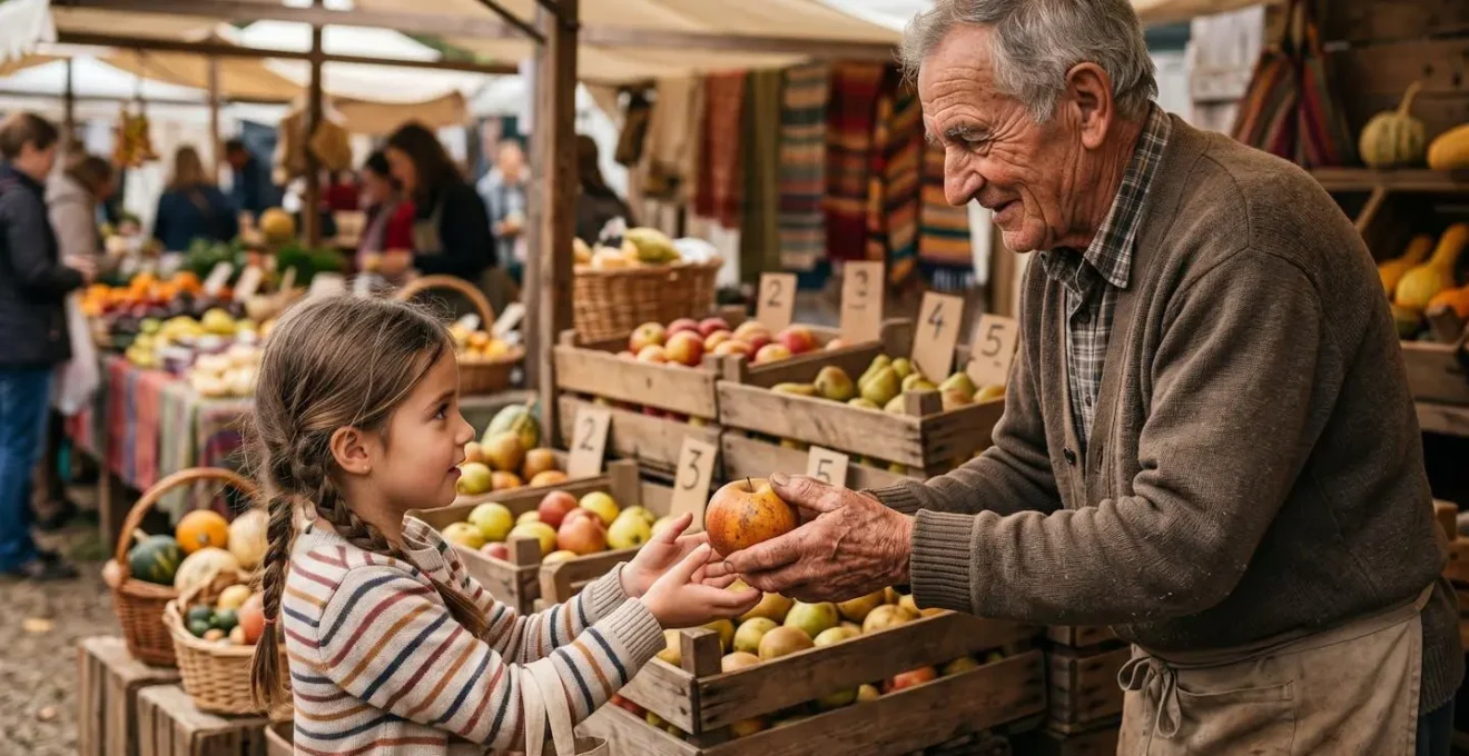 Mercato contadino locale con bancarelle di frutta antica e produttori che interagiscono con visitatori