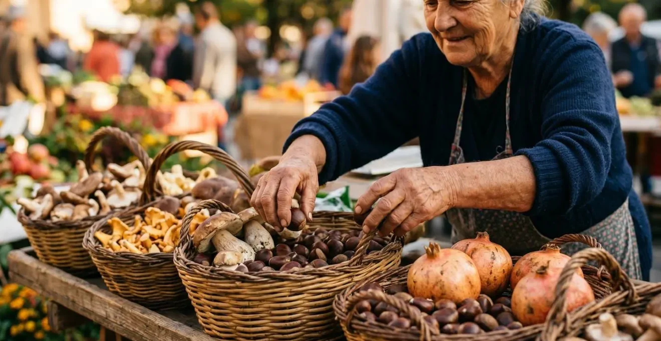 Banco del mercato con prodotti autunnali locali disposti in ceste di vimini