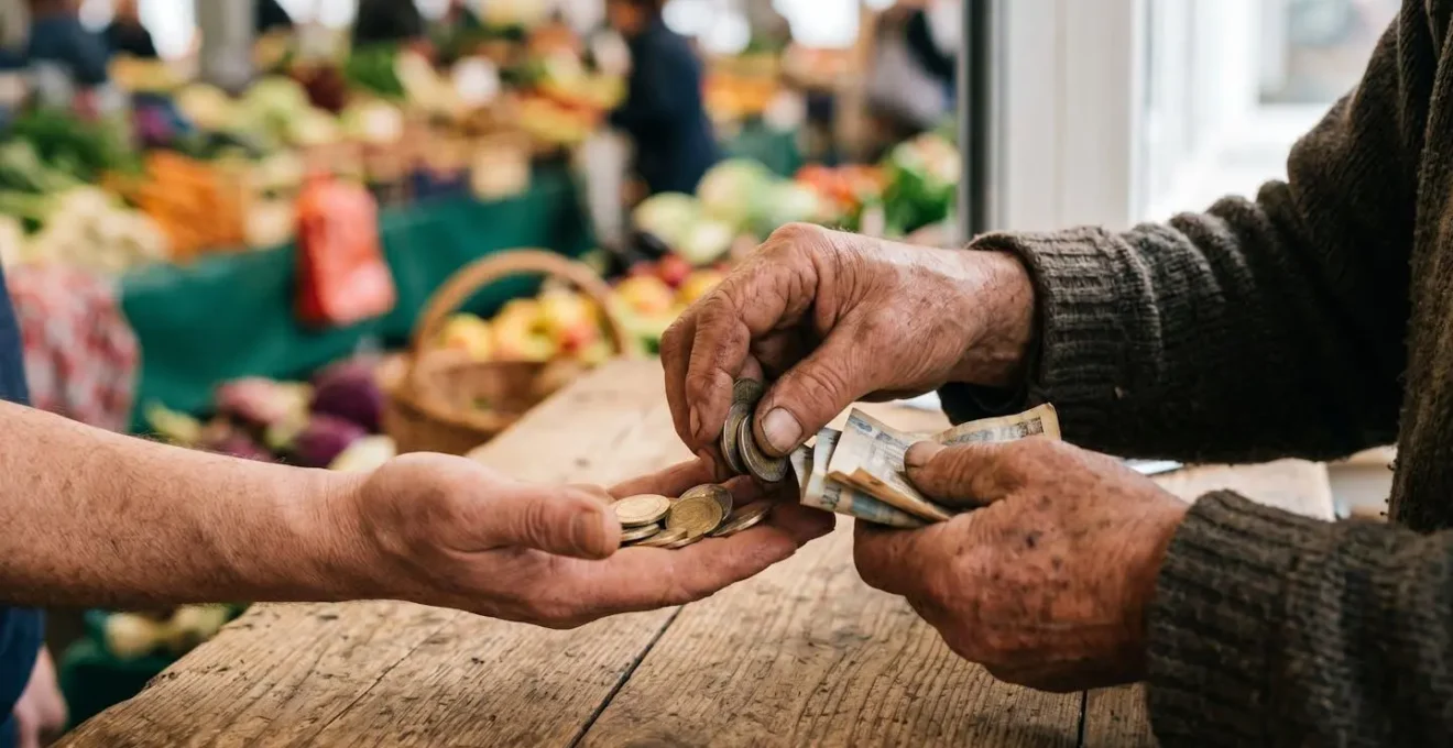 Mani che contano monete e banconote piccole su banco di legno del mercato