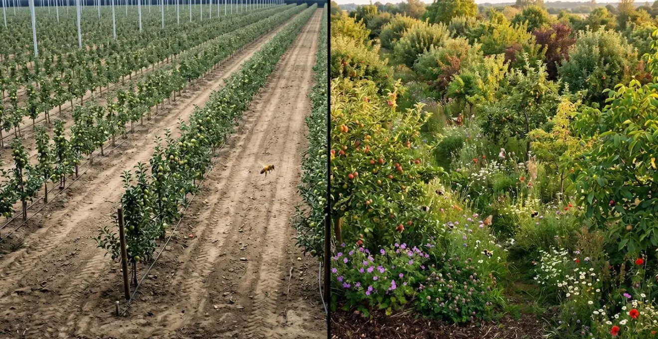 Contrasto visivo tra monocoltura di mele uniformi e frutteto biodiverso con varietà antiche