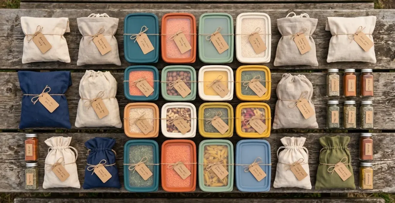 Contenitori per alimenti impilati e organizzati con sistema di etichettatura colorato su tavolo da campeggio