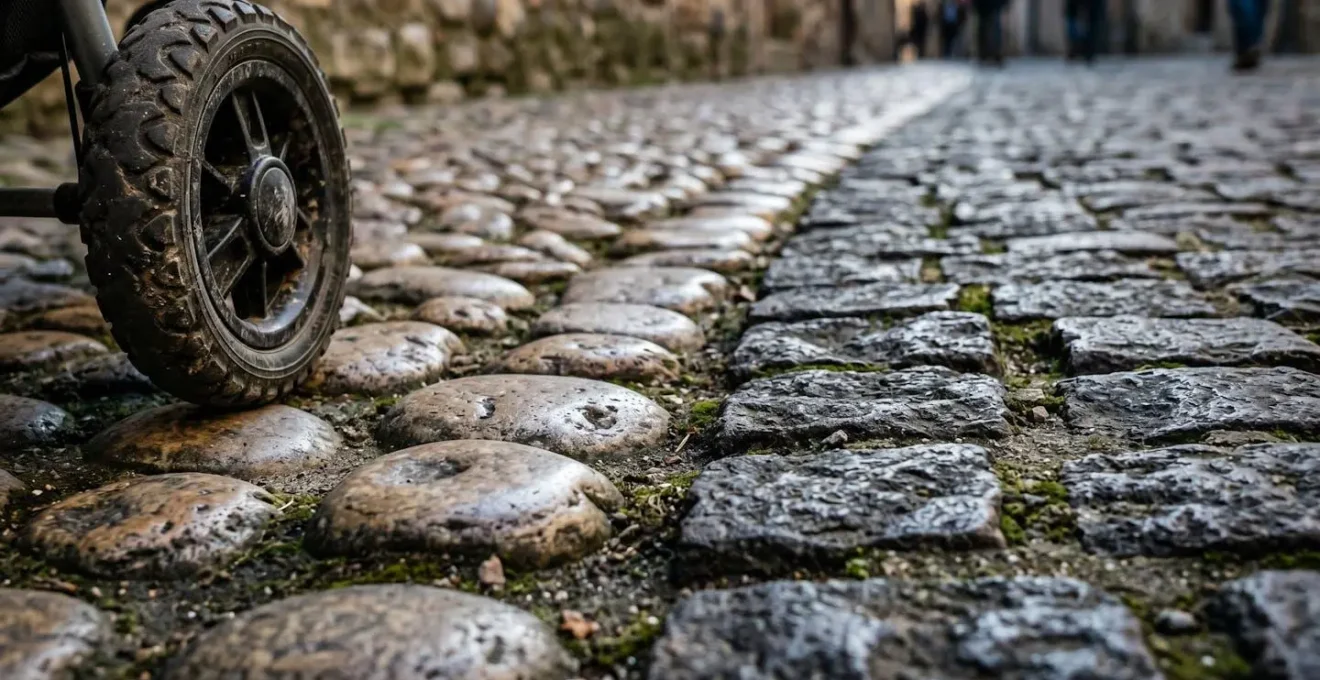 Dettaglio macro delle diverse texture di pavimentazione in un borgo medievale, con una ruota di passeggino per contesto.