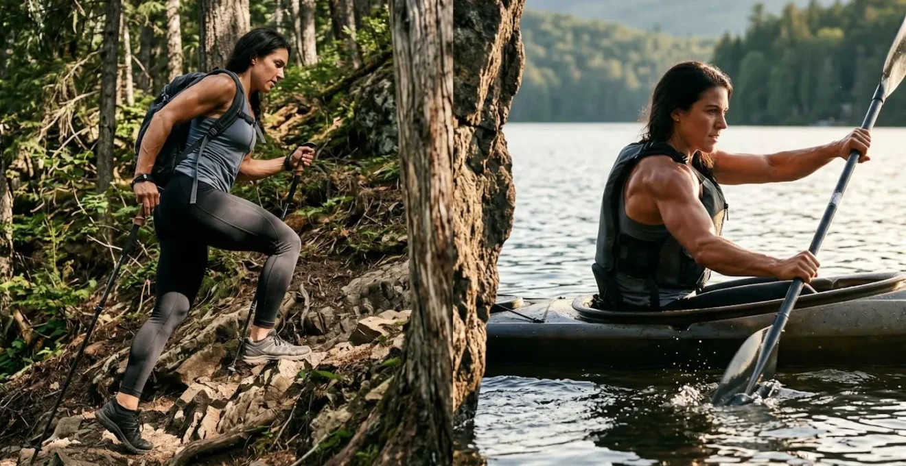 Diagramma anatomico che mostra i diversi gruppi muscolari attivati nel kayak versus trekking