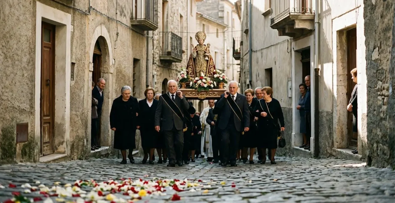 Vista dall'alto di una processione religiosa in un borgo italiano