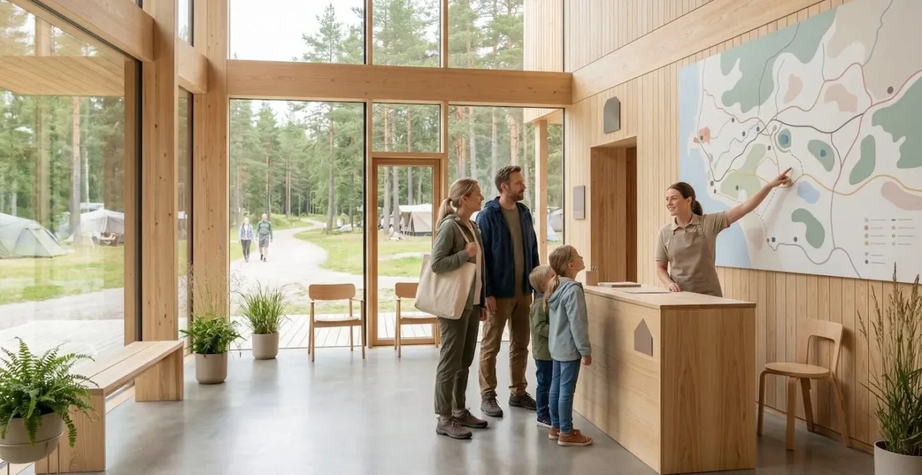 Receptionist che fornisce consigli personalizzati a una famiglia con mappa locale