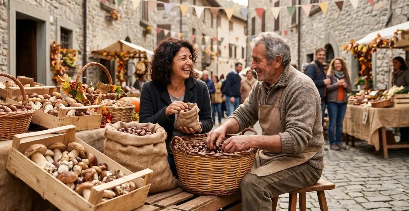 Scena di sagra autunnale con produttori locali che vendono castagne e funghi in piazza del paese