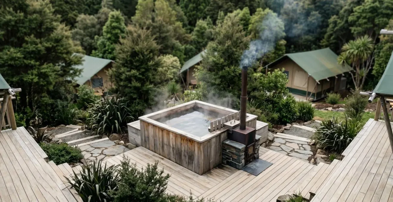 Vista aerea di una spa in legno riscaldata a legna immersa nel verde di un glamping eco-sostenibile