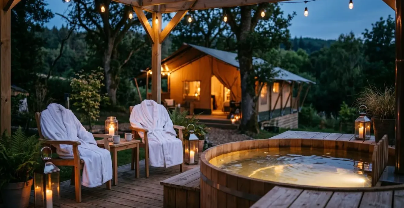 Coppia che si rilassa su una terrazza privata con spa illuminata dolcemente al crepuscolo in un glamping di lusso
