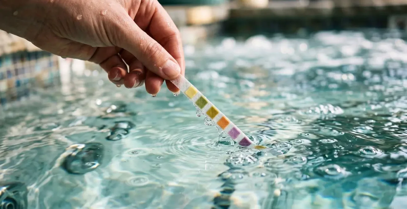 Mano che immerge una striscia reattiva per test dell'acqua in una vasca idromassaggio con acqua cristallina