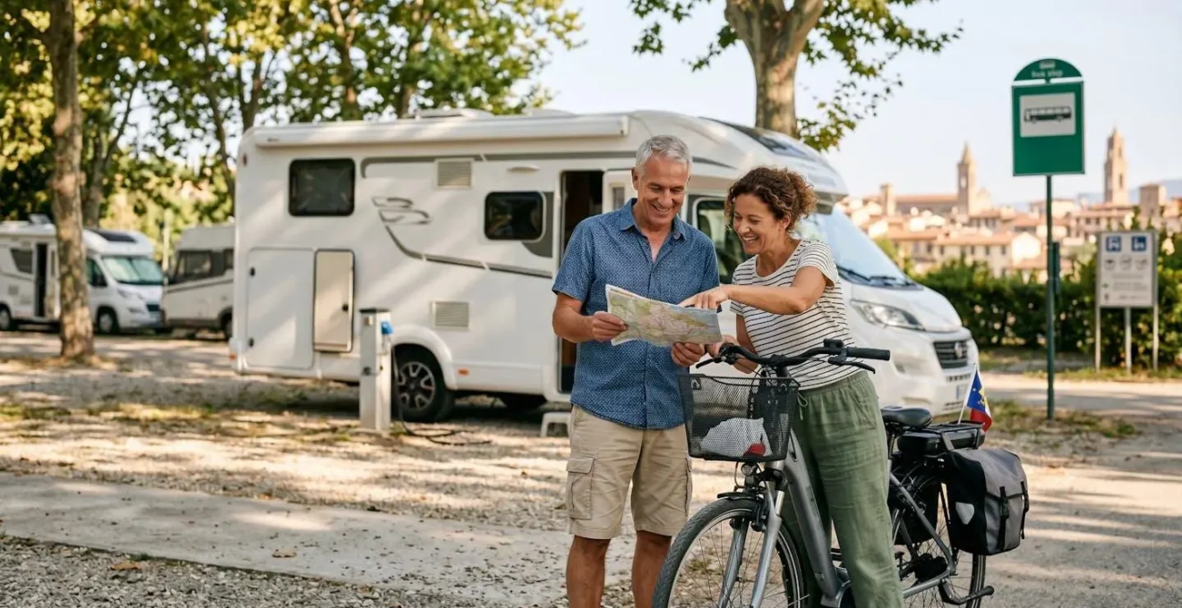 Grande camper parcheggiato in area attrezzata periferica con collegamenti bus per centro città