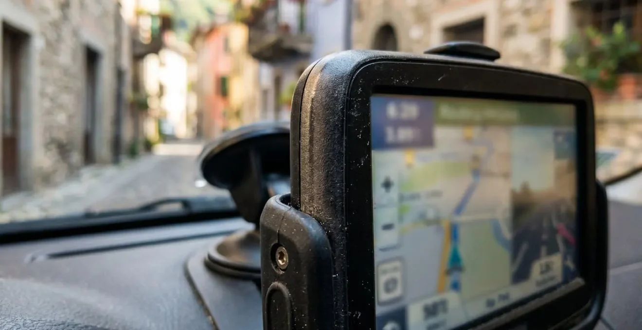 Interno cabina camper con GPS configurato per veicoli grandi e mappa stradale aperta